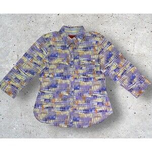SUNSET RD Womens Button Up Top Size 10 Purple Multicolor Print 3/4 Sleeves